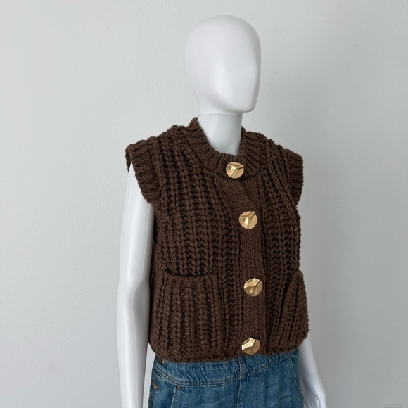 Zara Brown Knit Sweater Vest with Gold Buttons - Picture 6 of 7